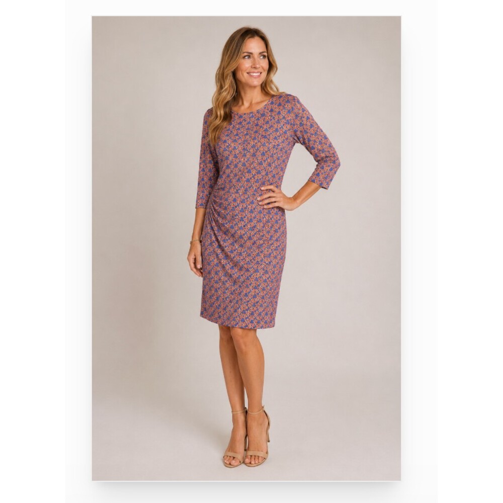 J.McLaughlin Sage Ruched Dress Womens Medium Blue Geometric 3/4 Sleeve Sheath